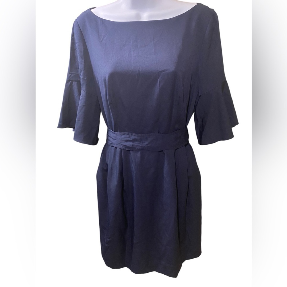 Eliza J Silky Navy Blue Dress Bell Sleeve Sheath Belted Pockets Preppy Office - Picture 4 of 16